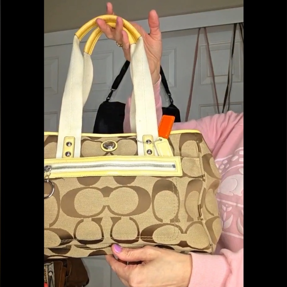 Coach Y2K Tan Signature Tote with Yellow Trim and Cream Handles